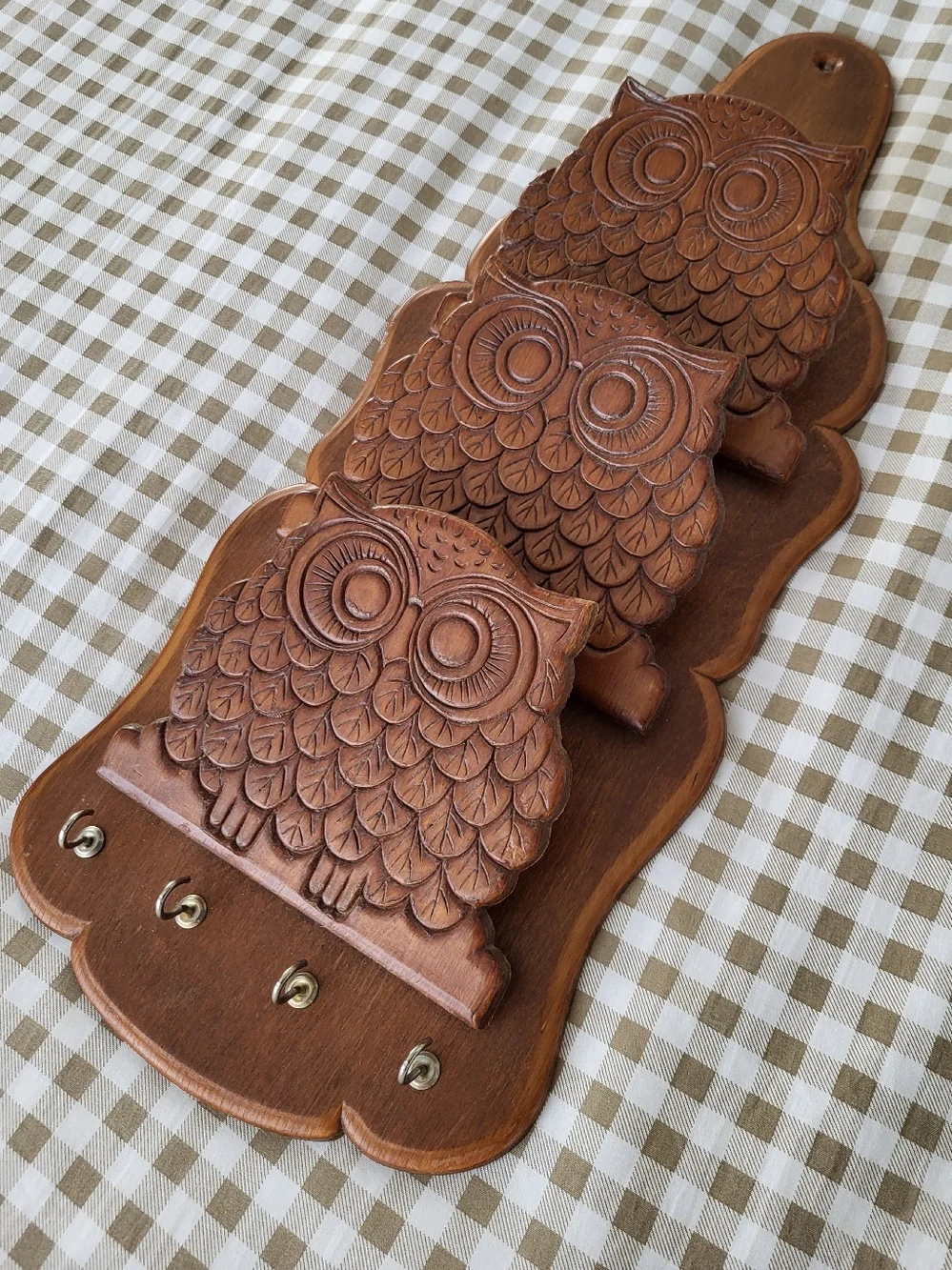 Vintage Mid-Century Modern Wooden Owl Letter Holder Featuring Three Carved Owls